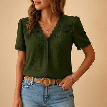 Effortless Swiss Dot Blouse for Women with V Neck Short Sleeve Scalloped Lace Trim Casual Style