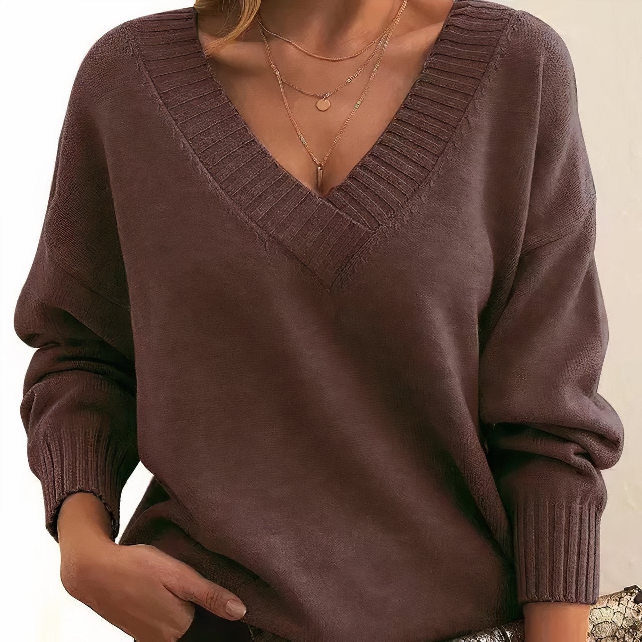 Comfortable Textured Knit Sweater for Women with V Neck Long Sleeve Ribbed Trim Oversized Style