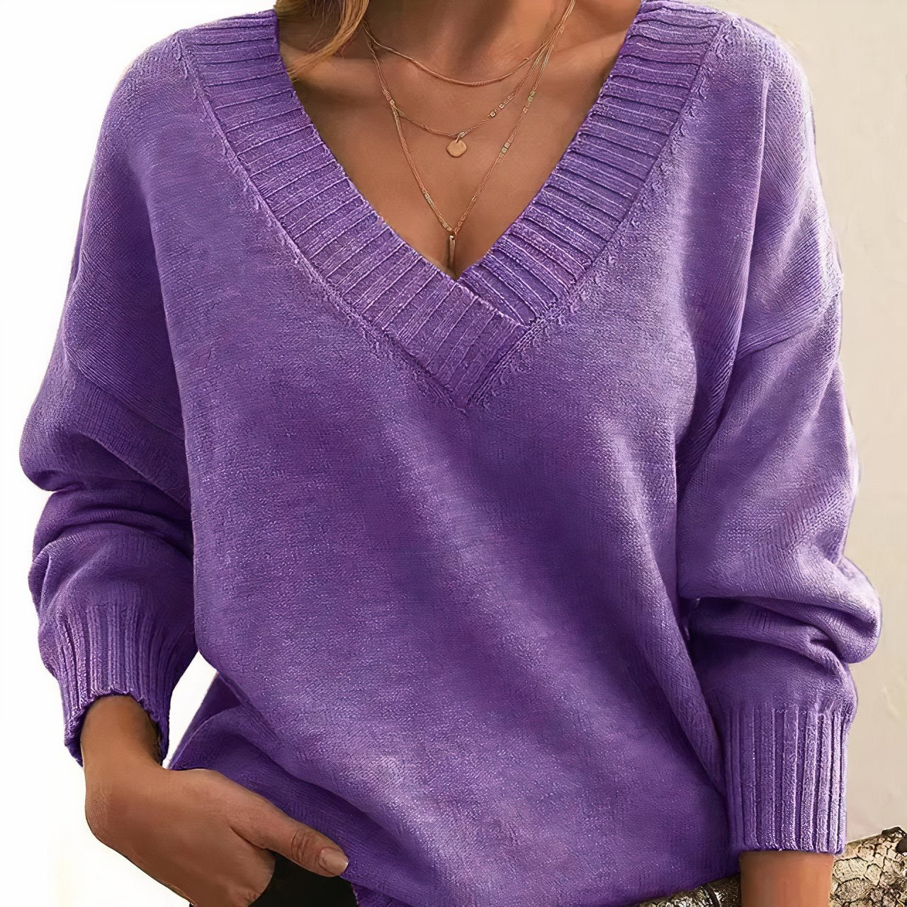 Comfortable Textured Knit Sweater for Women with V Neck Long Sleeve Ribbed Trim Oversized Style