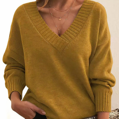 Comfortable Textured Knit Sweater for Women with V Neck Long Sleeve Ribbed Trim Oversized Style