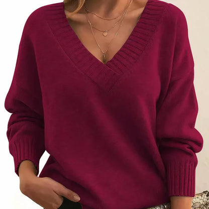 Comfortable Textured Knit Sweater for Women with V Neck Long Sleeve Ribbed Trim Oversized Style