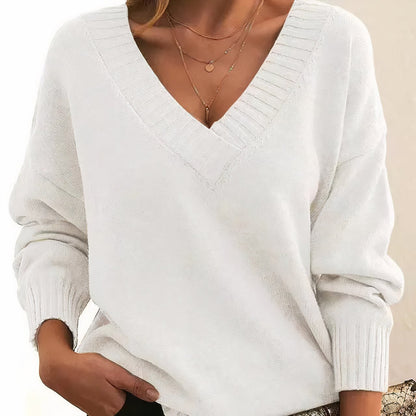 Comfortable Textured Knit Sweater for Women with V Neck Long Sleeve Ribbed Trim Oversized Style