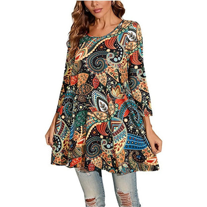 Effortless Medallion Print Tunic Top for Women with Round Neck Three Quarter Sleeve Flowy Swing Boho Style