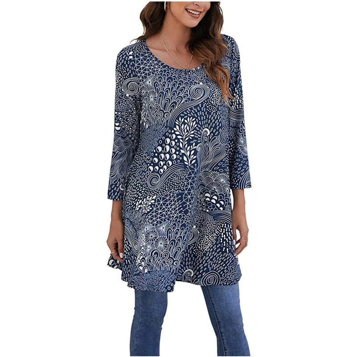 Effortless Medallion Print Tunic Top for Women with Round Neck Three Quarter Sleeve Flowy Swing Boho Style