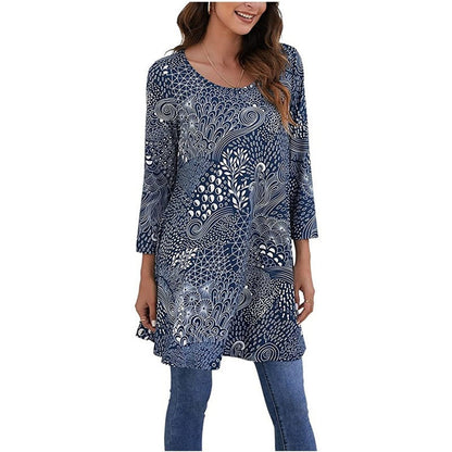 Effortless Medallion Print Tunic Top for Women with Round Neck Three Quarter Sleeve Flowy Swing Boho Style