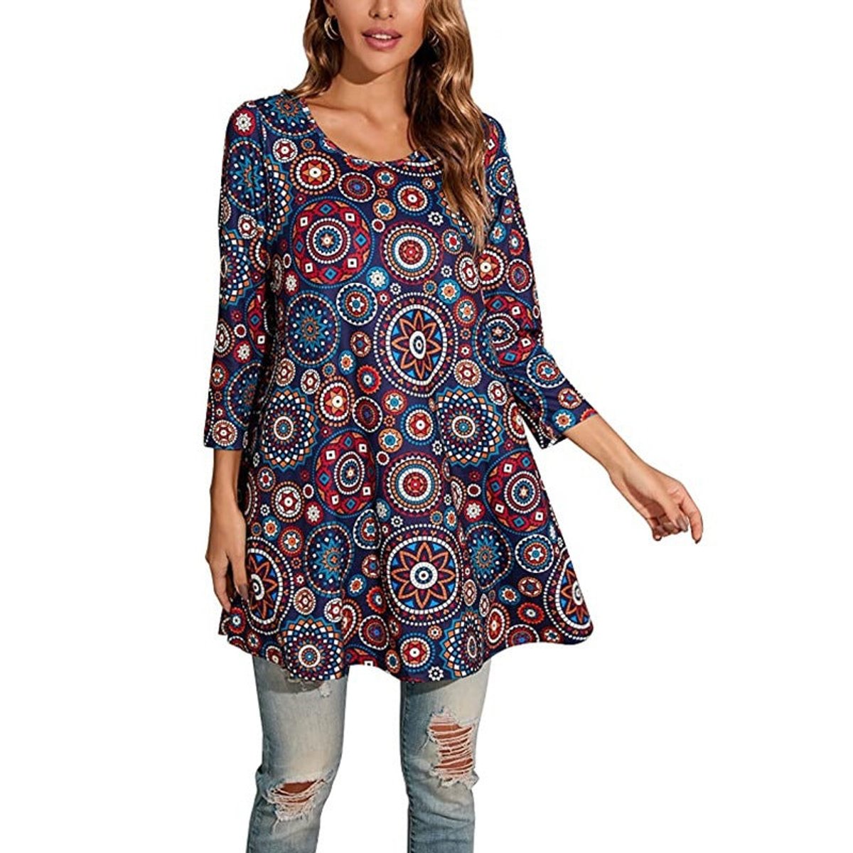Effortless Medallion Print Tunic Top for Women with Round Neck Three Quarter Sleeve Flowy Swing Boho Style