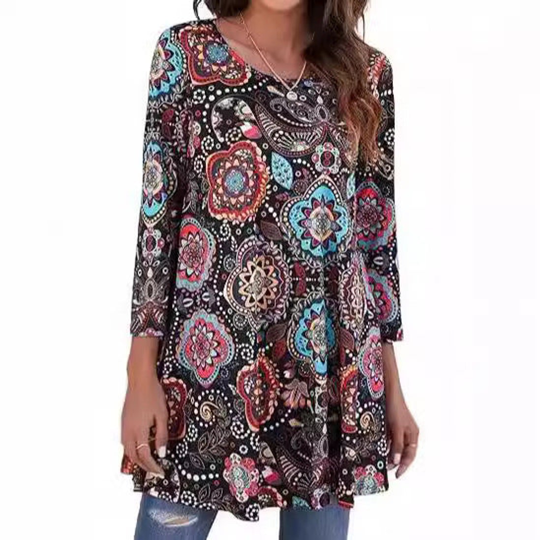 Effortless Medallion Print Tunic Top for Women with Round Neck Three Quarter Sleeve Flowy Swing Boho Style