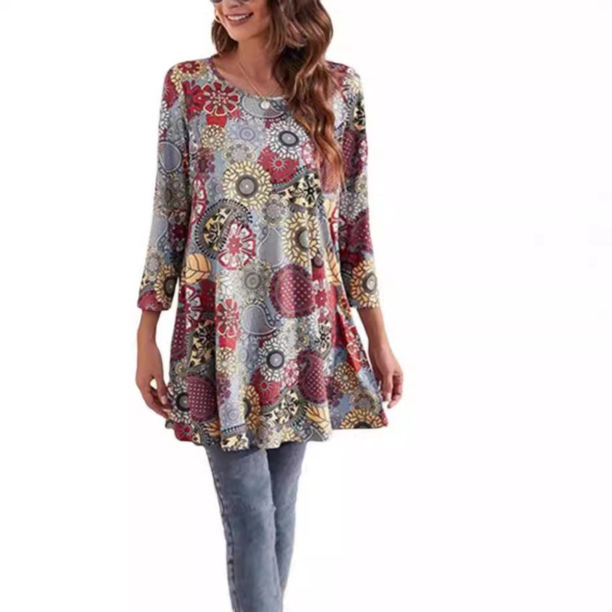 Effortless Medallion Print Tunic Top for Women with Round Neck Three Quarter Sleeve Flowy Swing Boho Style