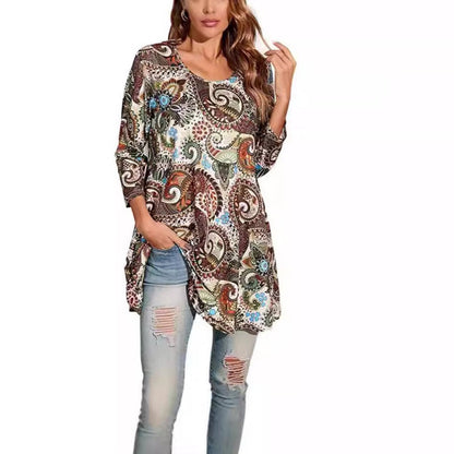 Effortless Medallion Print Tunic Top for Women with Round Neck Three Quarter Sleeve Flowy Swing Boho Style