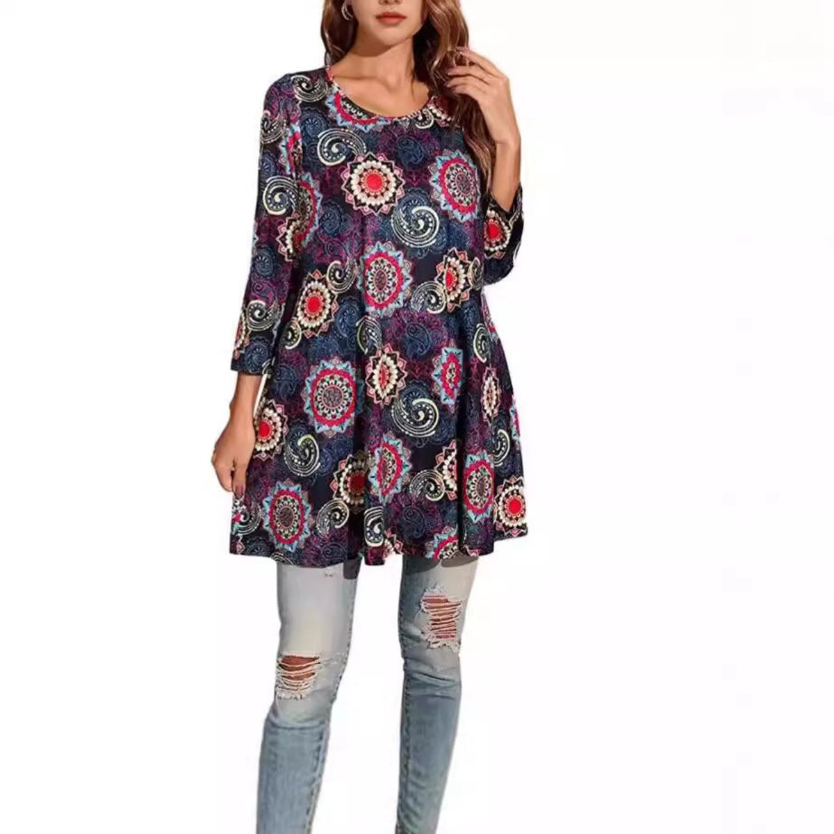 Effortless Medallion Print Tunic Top for Women with Round Neck Three Quarter Sleeve Flowy Swing Boho Style