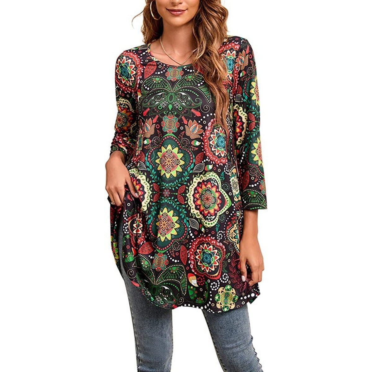 Effortless Medallion Print Tunic Top for Women with Round Neck Three Quarter Sleeve Flowy Swing Boho Style