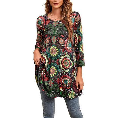 Effortless Medallion Print Tunic Top for Women with Round Neck Three Quarter Sleeve Flowy Swing Boho Style