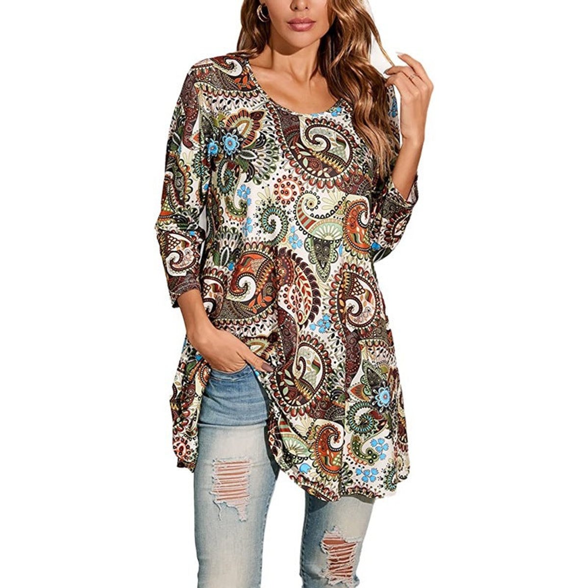 Effortless Medallion Print Tunic Top for Women with Round Neck Three Quarter Sleeve Flowy Swing Boho Style