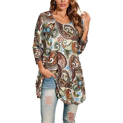 Effortless Medallion Print Tunic Top for Women with Round Neck Three Quarter Sleeve Flowy Swing Boho Style