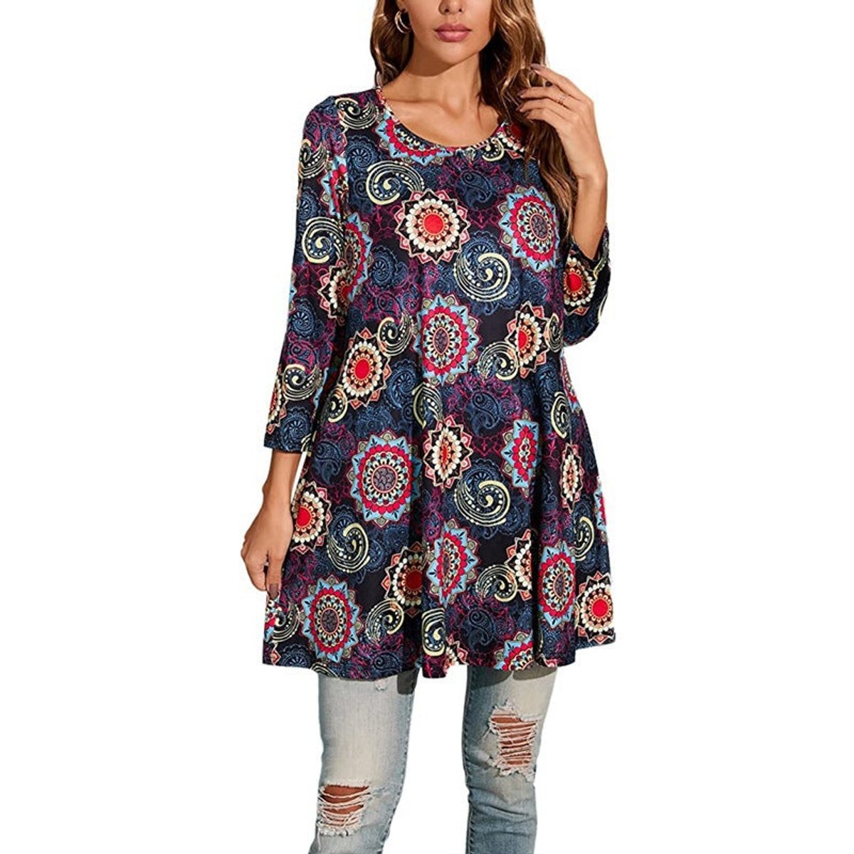 Effortless Medallion Print Tunic Top for Women with Round Neck Three Quarter Sleeve Flowy Swing Boho Style
