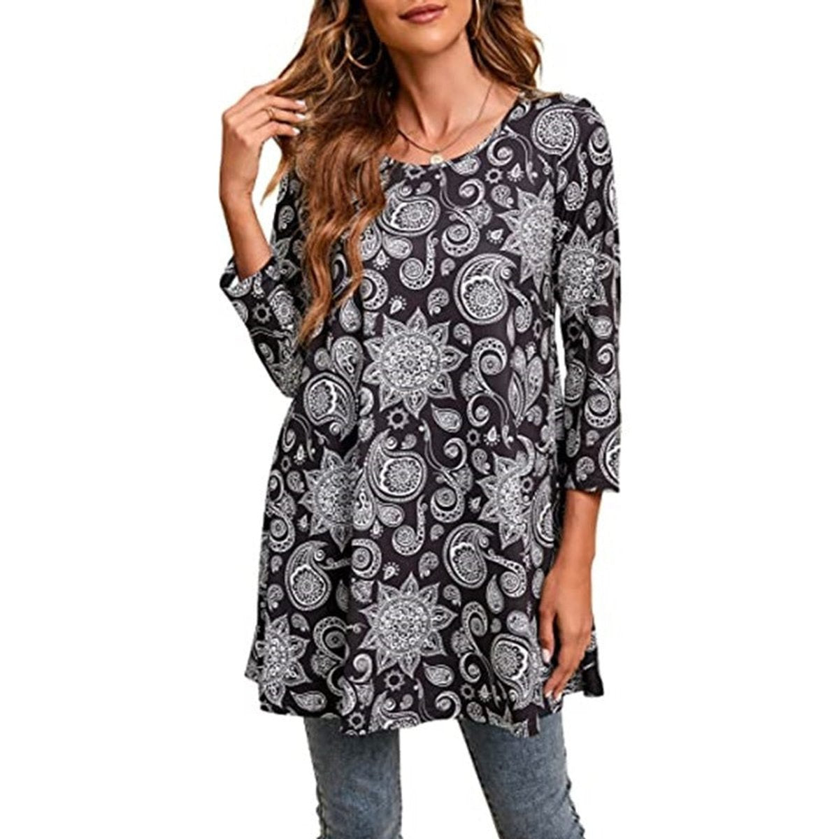 Effortless Medallion Print Tunic Top for Women with Round Neck Three Quarter Sleeve Flowy Swing Boho Style